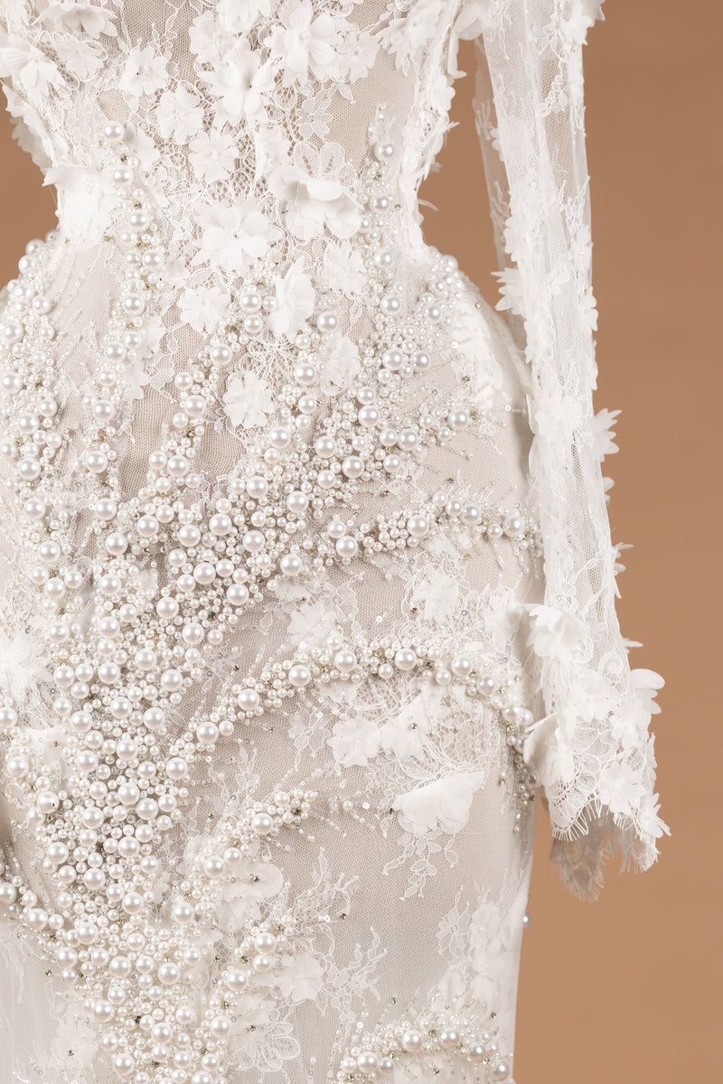 Sihëna Rosy Petal Tapestry — ivory high-neck long-sleeve column evening dress
