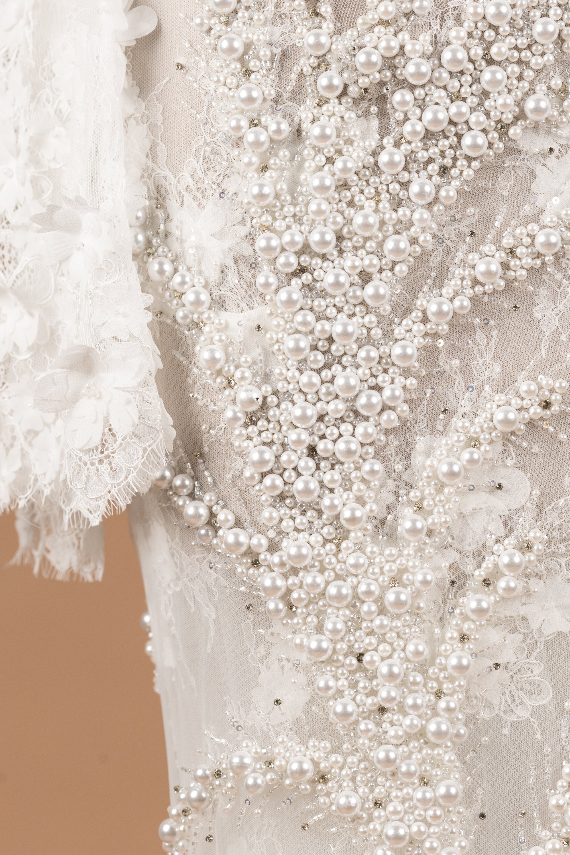 Sihëna Rosy Petal Tapestry — ivory high-neck long-sleeve column evening dress