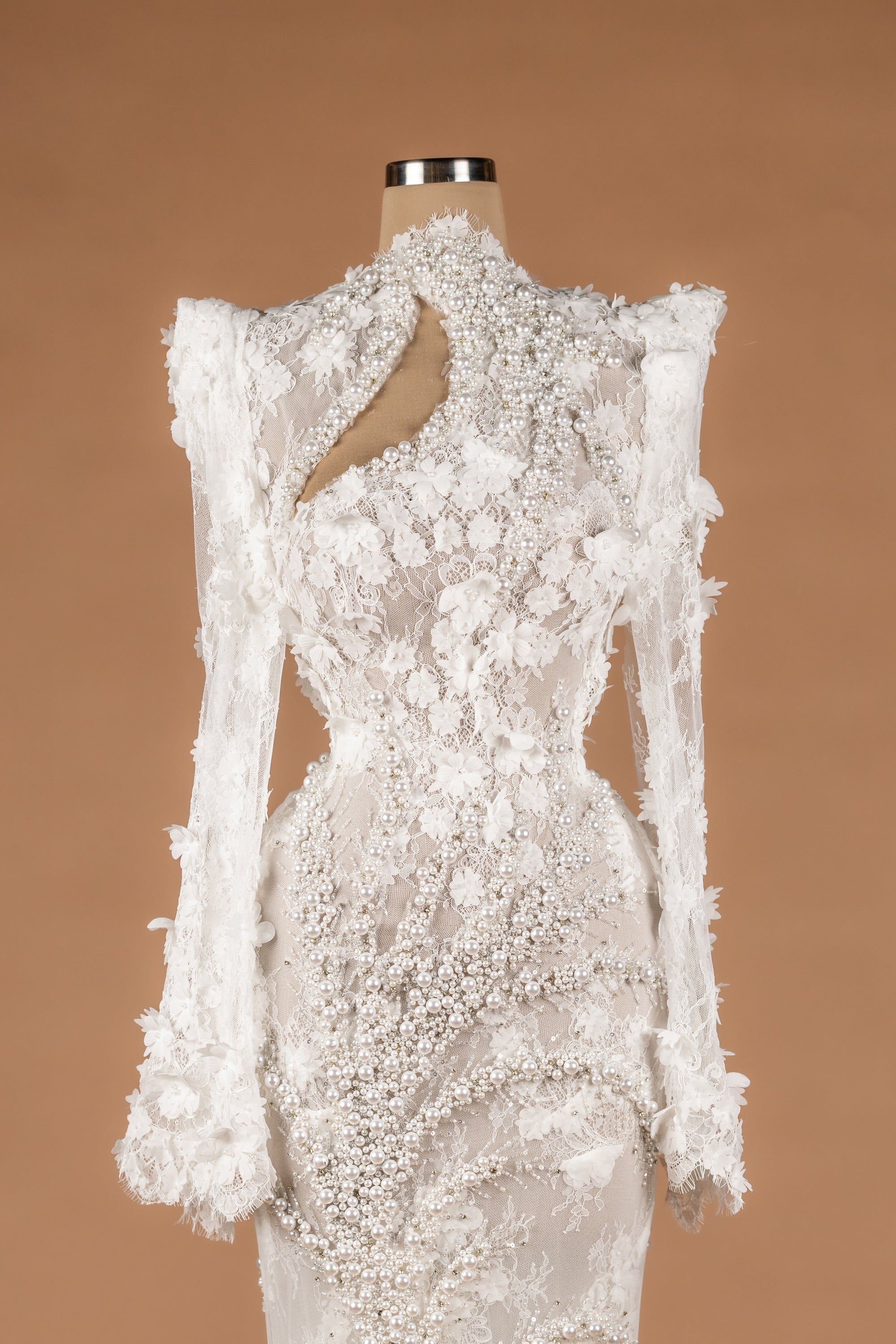 Sihëna Rosy Petal Tapestry — ivory high-neck long-sleeve column evening dress