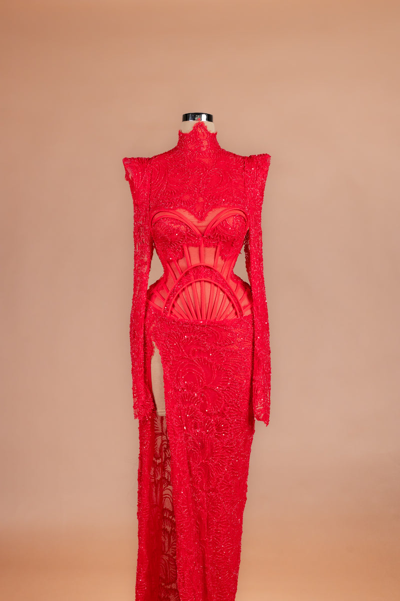 Sihëna Ruby Cage — red high-neck long-sleeve mermaid evening dress