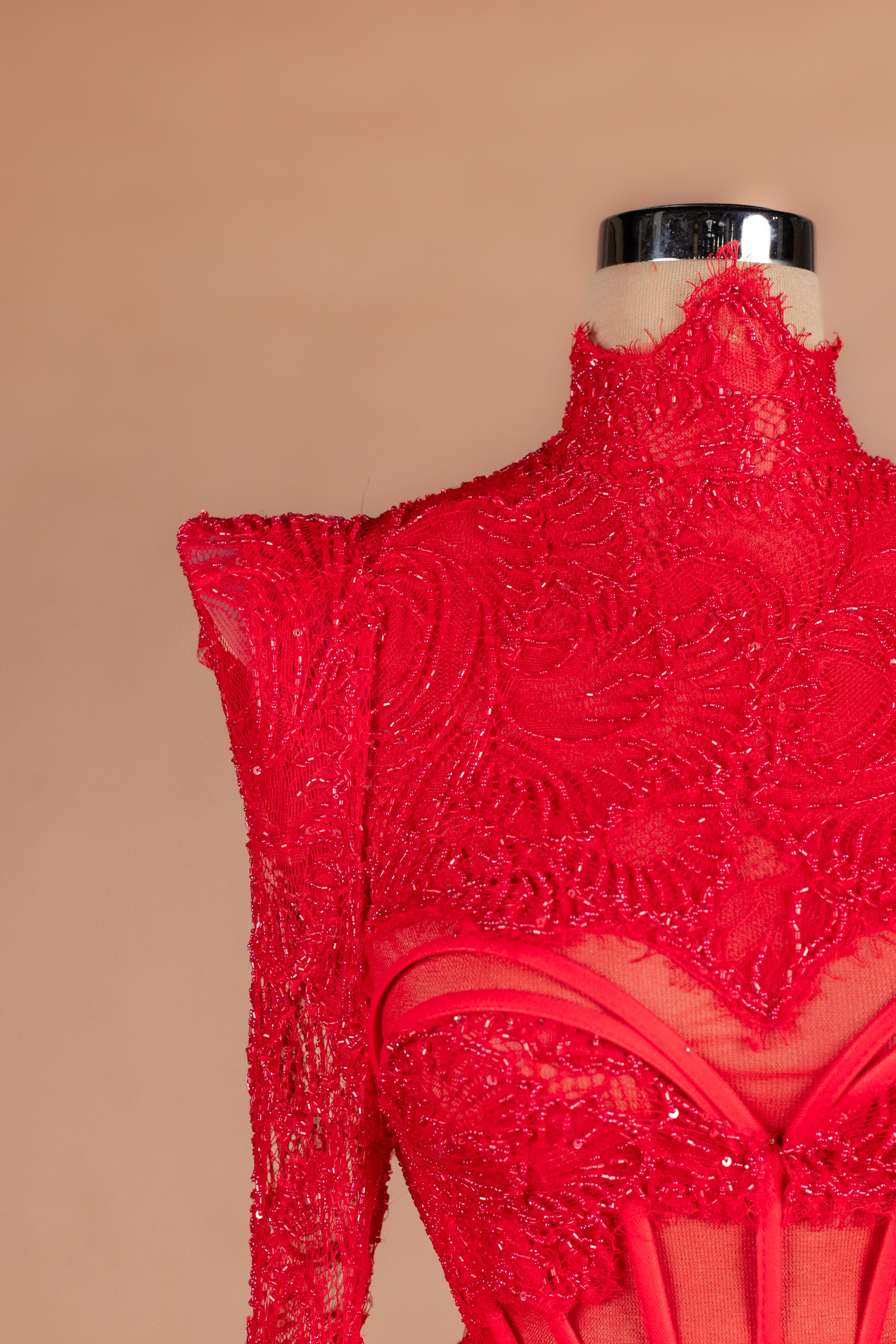 Sihëna Ruby Cage — red high-neck long-sleeve mermaid evening dress