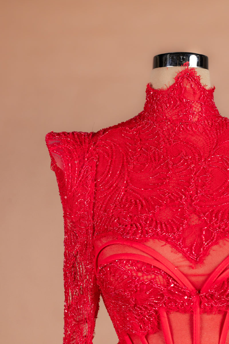 Sihëna Ruby Cage — red high-neck long-sleeve mermaid evening dress