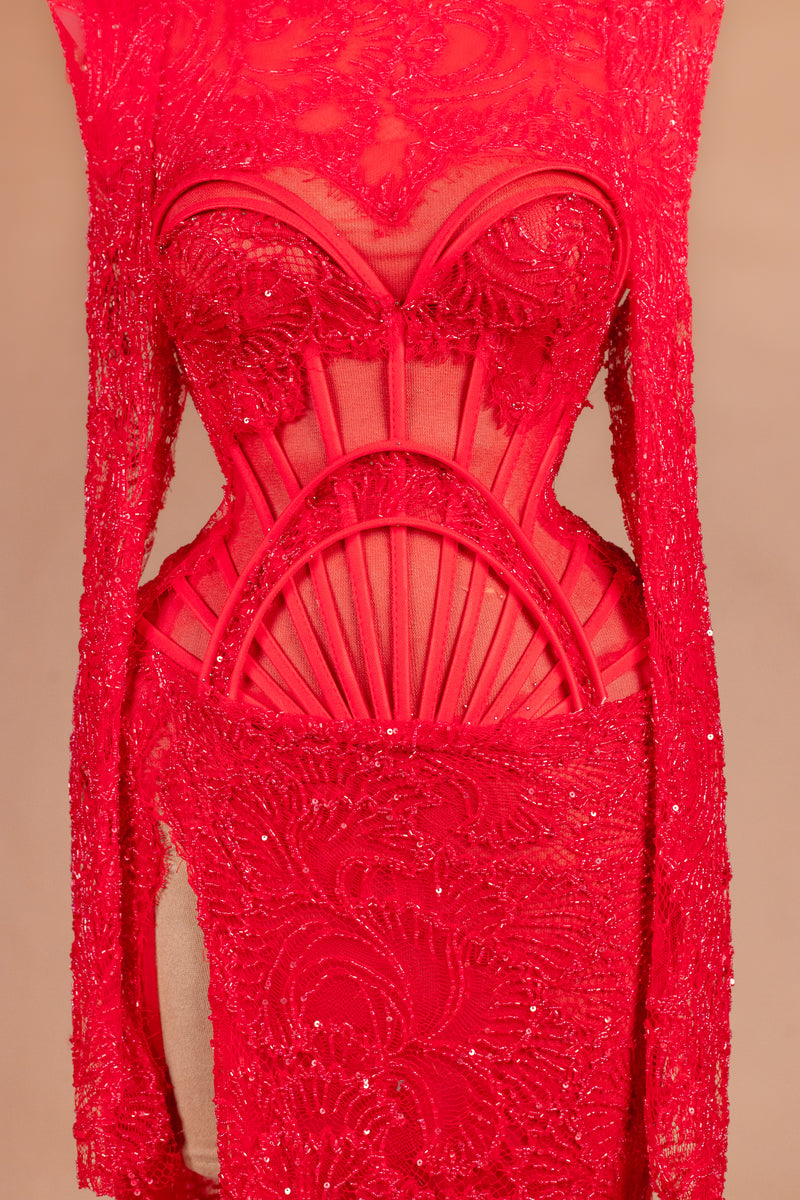 Sihëna Ruby Cage — red high-neck long-sleeve mermaid evening dress