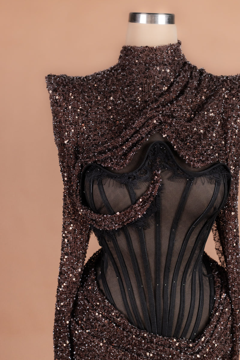 Sihëna Obsidian Cacao — chocolate high-neck long-sleeve mermaid evening dress