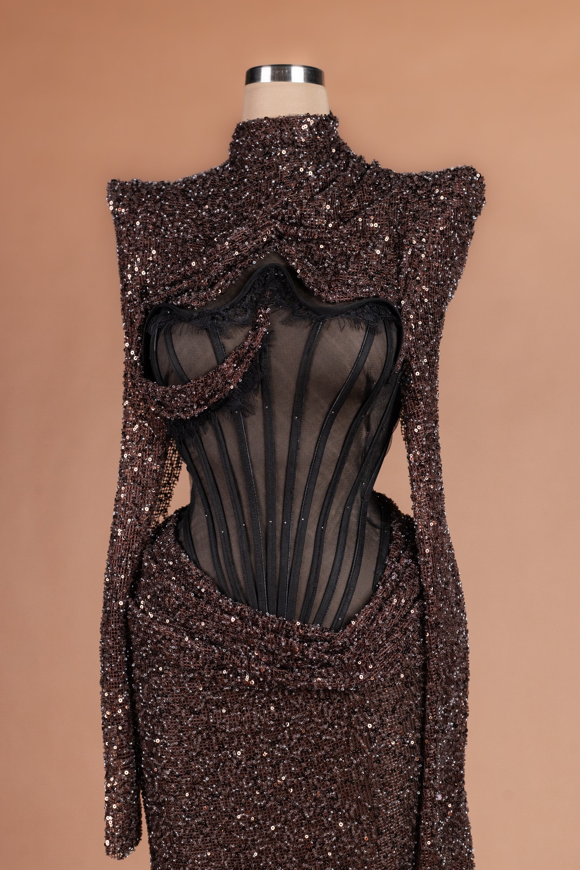 Sihëna Obsidian Cacao — chocolate high-neck long-sleeve mermaid evening dress