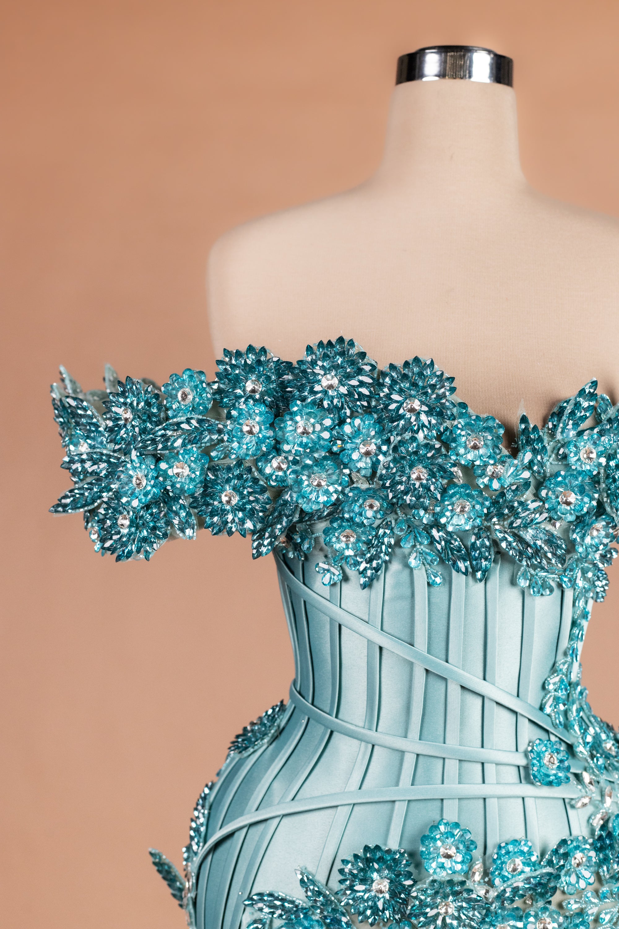Sihëna Aqua Bloom — teal off-shoulder off-shoulder mermaid evening dress