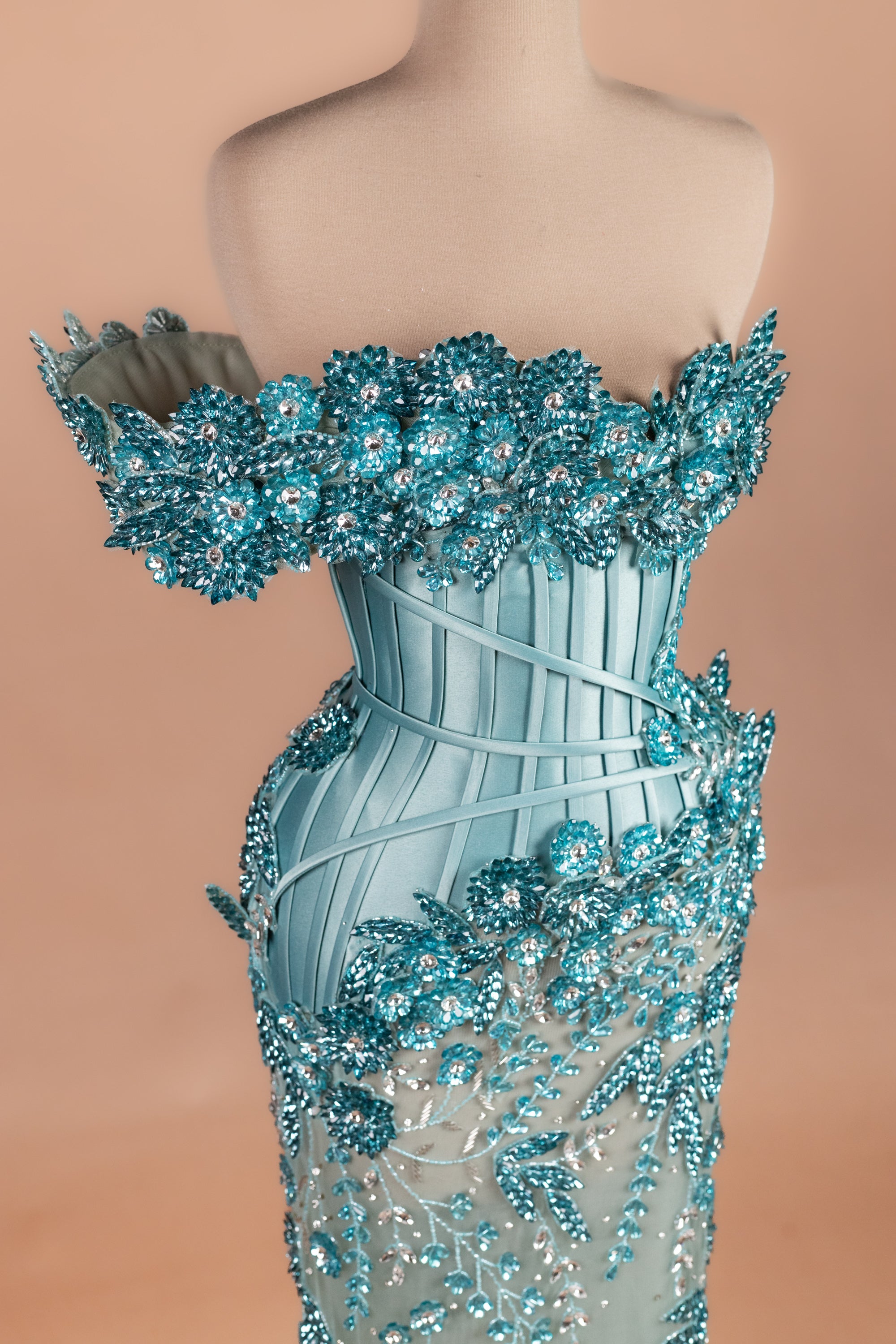 Sihëna Aqua Bloom — teal off-shoulder off-shoulder mermaid evening dress