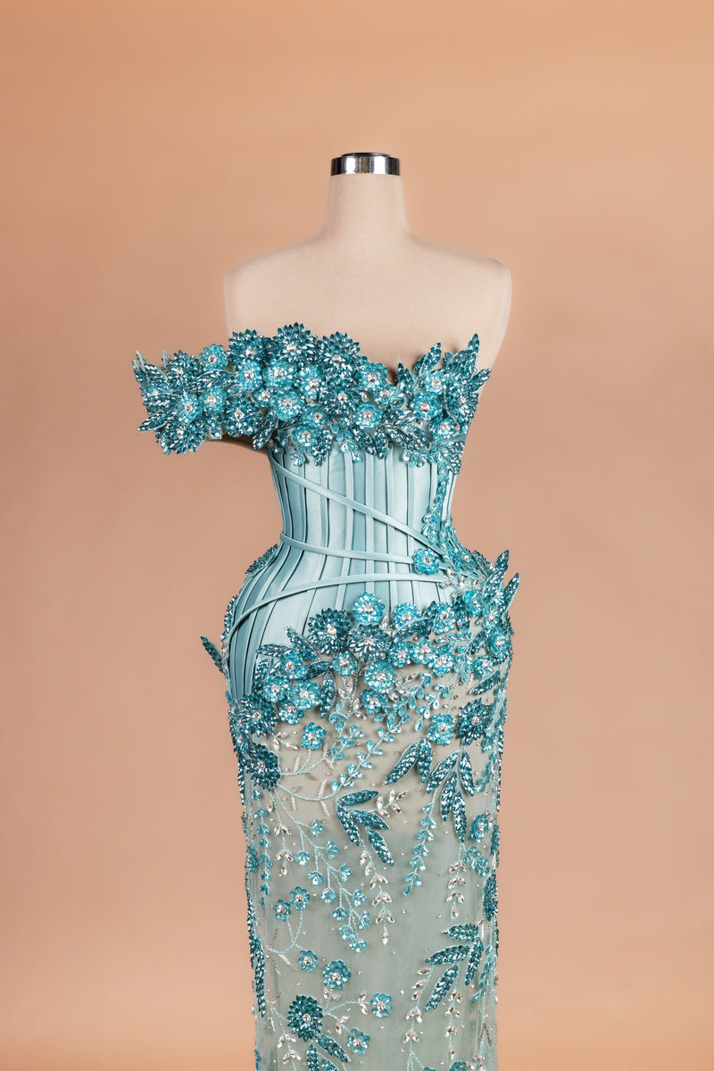 Sihëna Aqua Bloom — teal off-shoulder off-shoulder mermaid evening dress