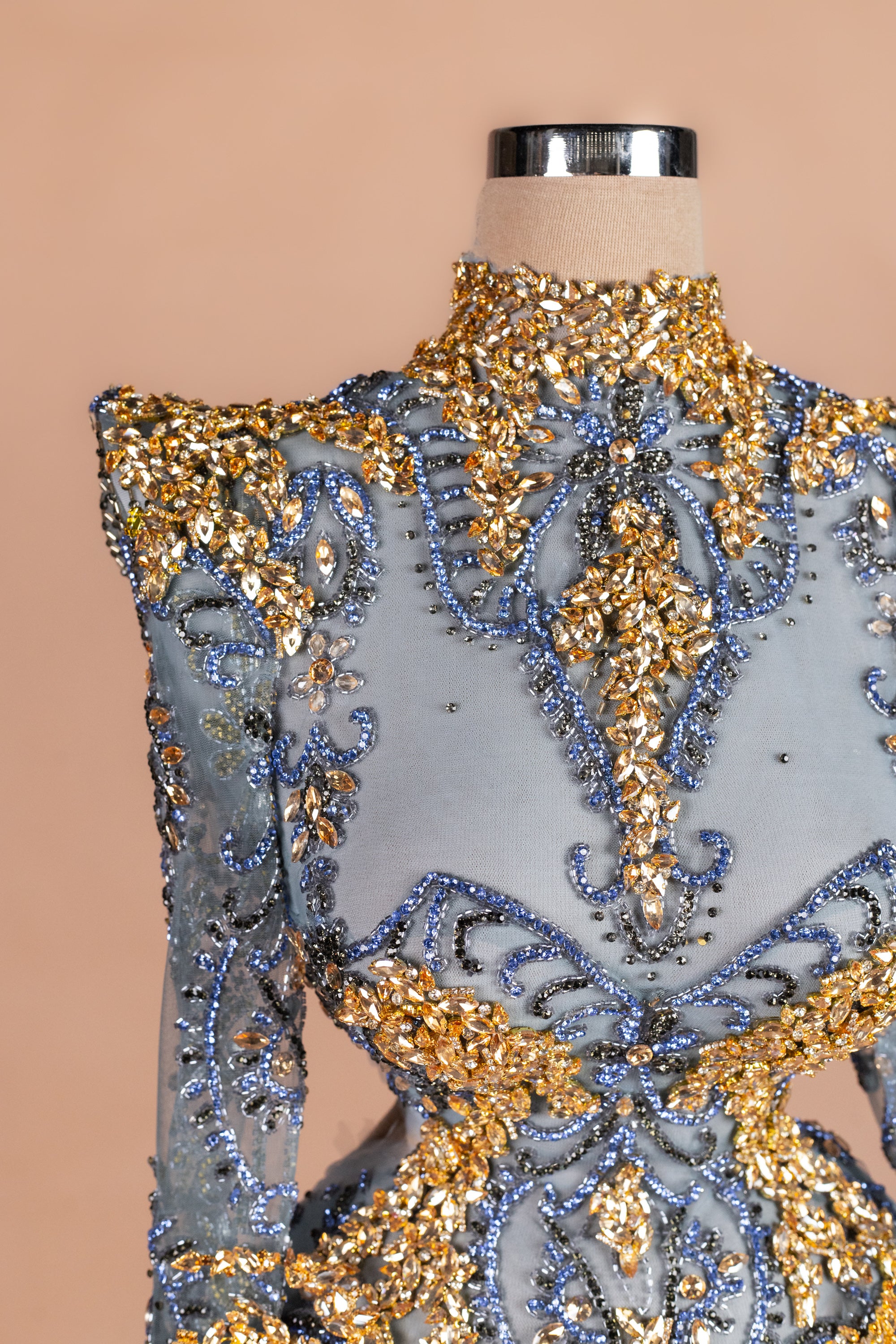 Sihëna Oasis Baroque — powder-blue high-neck long-sleeve column evening dress