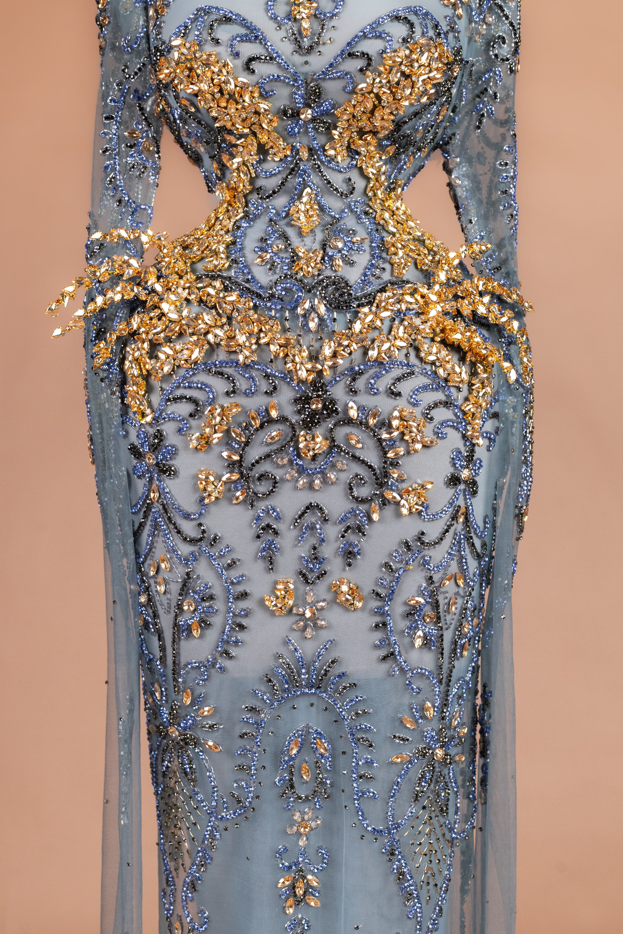 Sihëna Oasis Baroque — powder-blue high-neck long-sleeve column evening dress