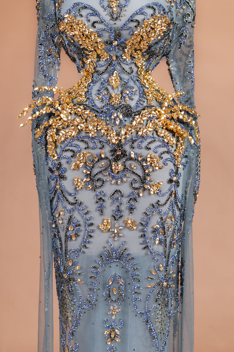 Sihëna Oasis Baroque — powder-blue high-neck long-sleeve column evening dress