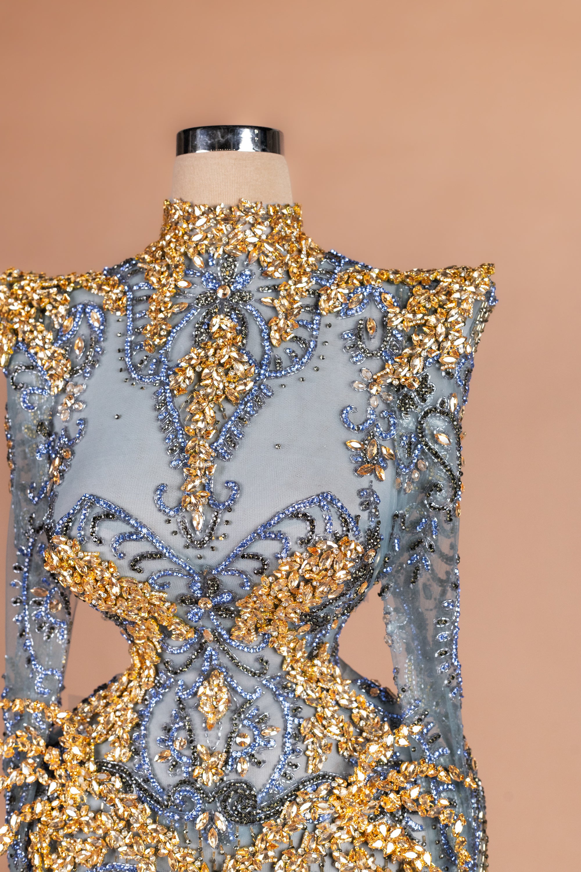 Sihëna Oasis Baroque — powder-blue high-neck long-sleeve column evening dress