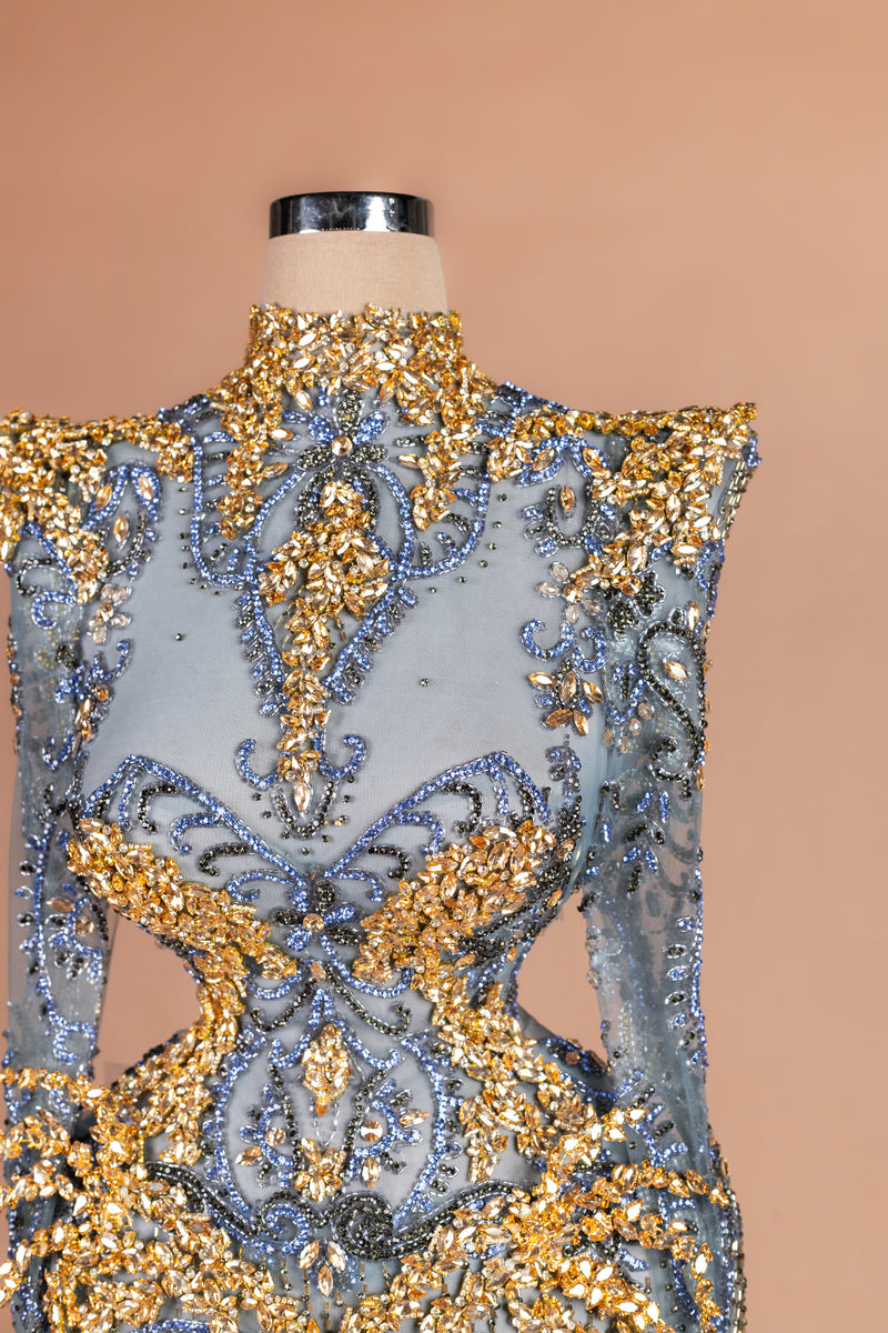 Sihëna Oasis Baroque — powder-blue high-neck long-sleeve column evening dress