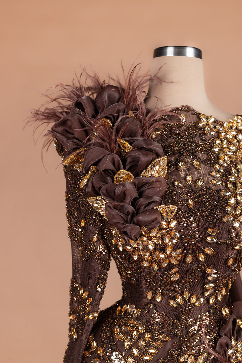 Sihëna Cocoa Bloom Reverie — chocolate bateau long-sleeve mermaid evening dress