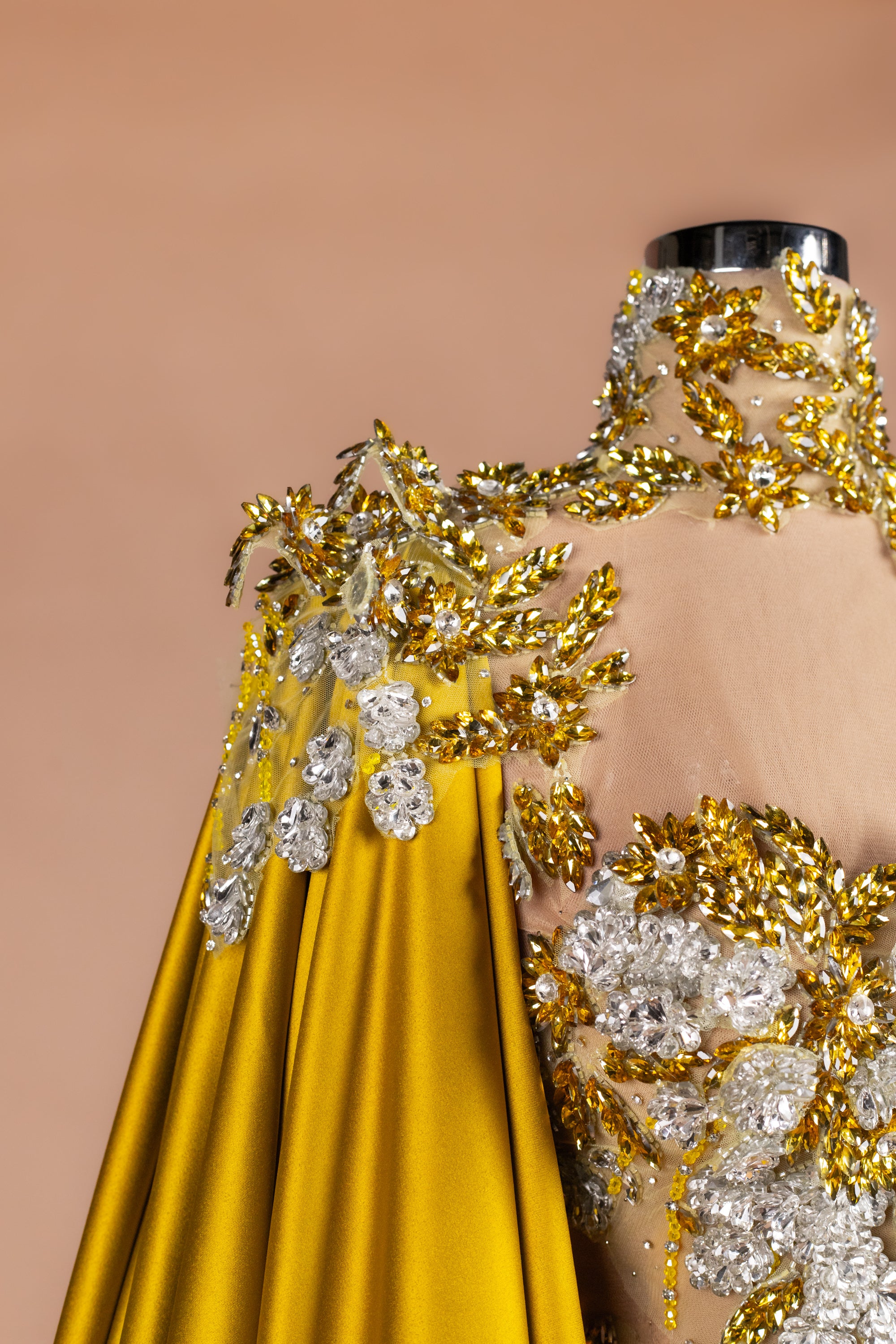 Sihëna Ochre Blossom Cape — marigold high-neck cape-sleeve column evening dress