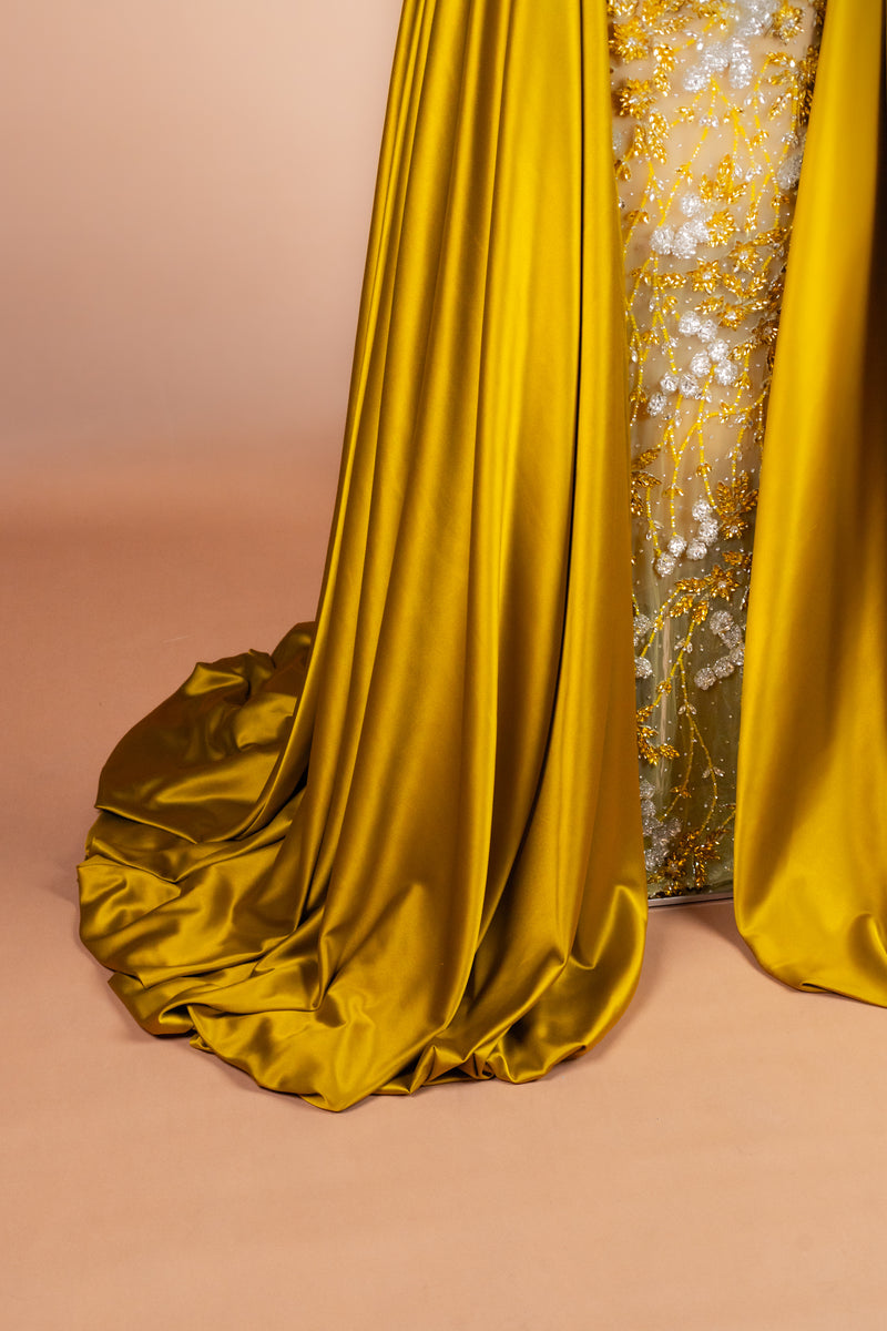 Sihëna Ochre Blossom Cape — marigold high-neck cape-sleeve column evening dress