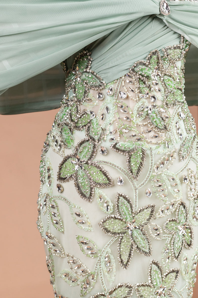 Sihëna Sage Blossom — sage-green sweetheart off-shoulder mermaid evening dress