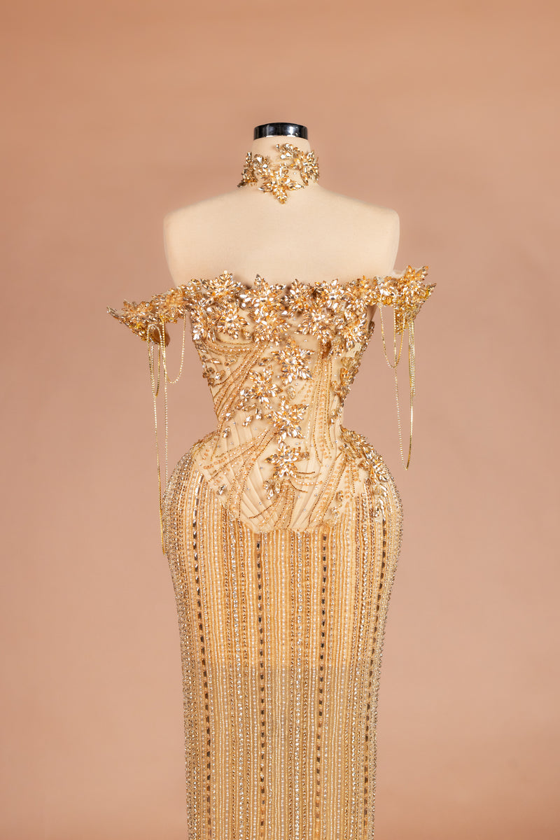 Sihëna Golden Cascade — gold off-shoulder off-shoulder column evening dress