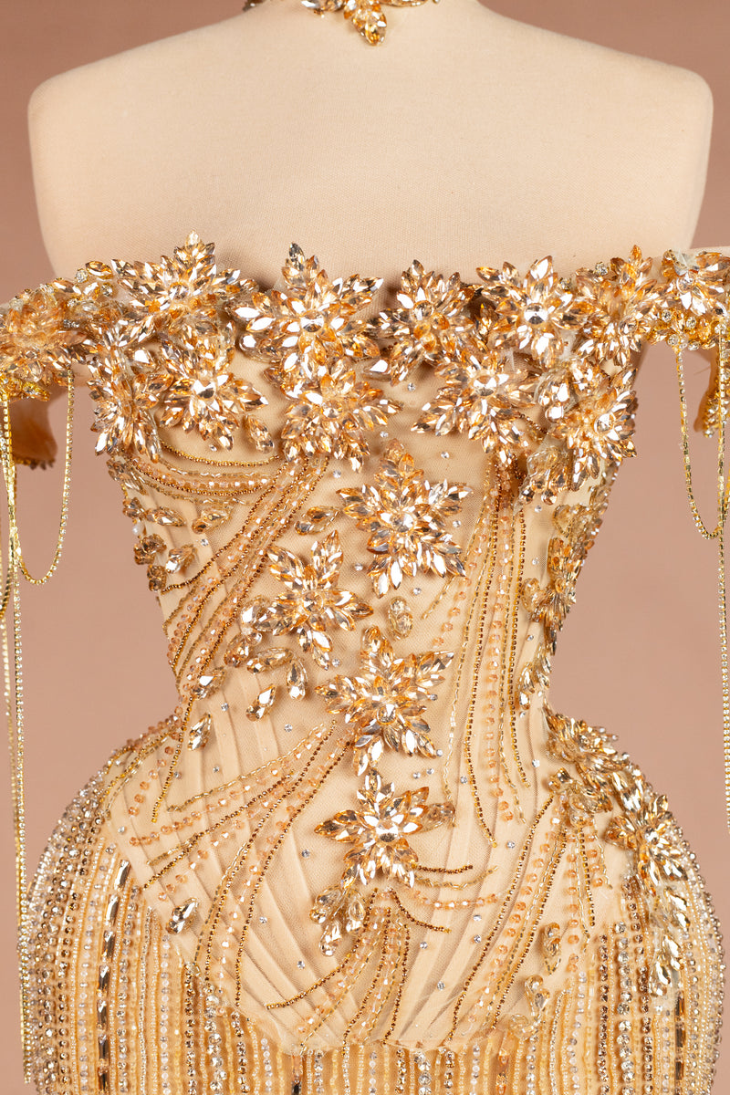 Sihëna Golden Cascade — gold off-shoulder off-shoulder column evening dress