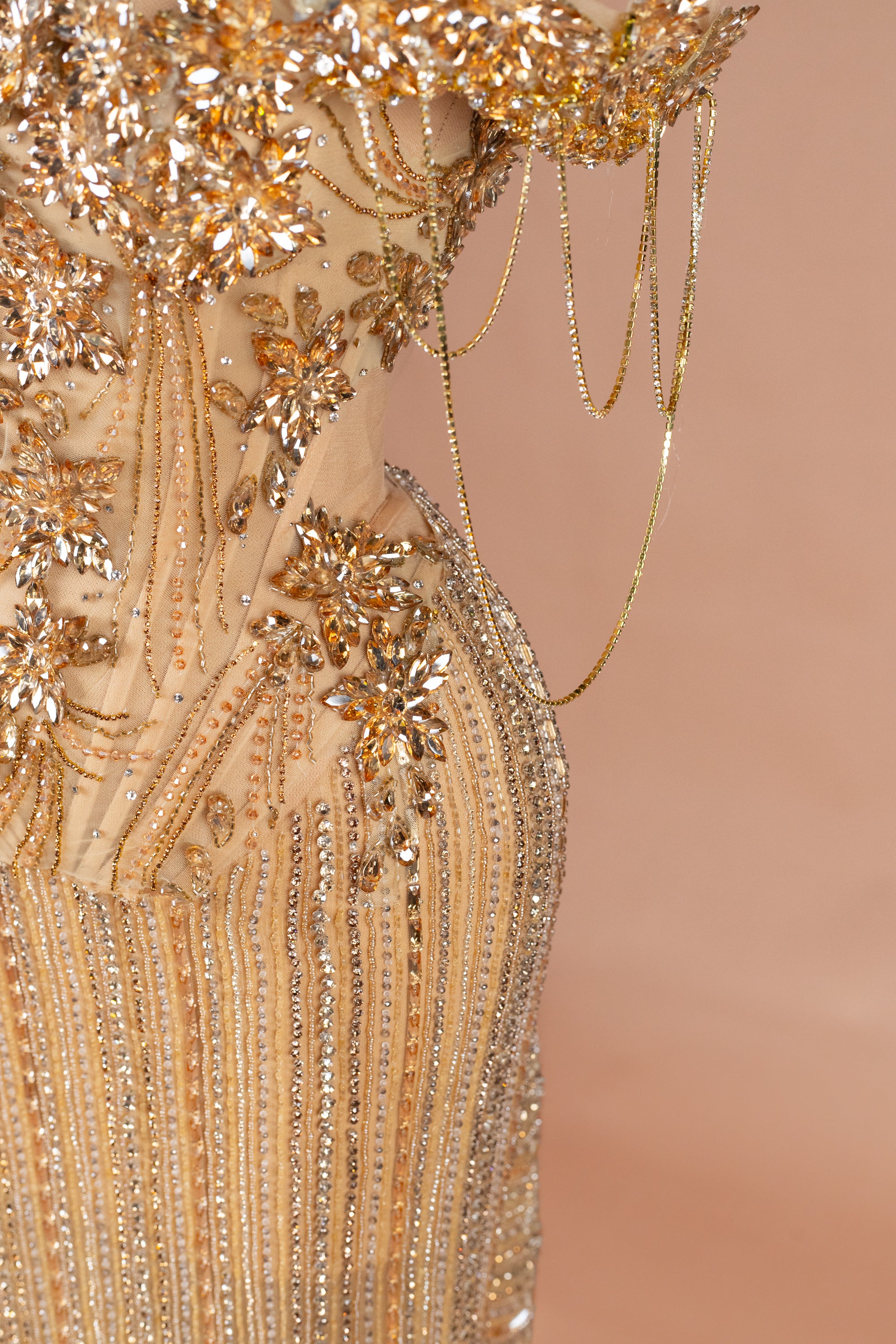 Sihëna Golden Cascade — gold off-shoulder off-shoulder column evening dress