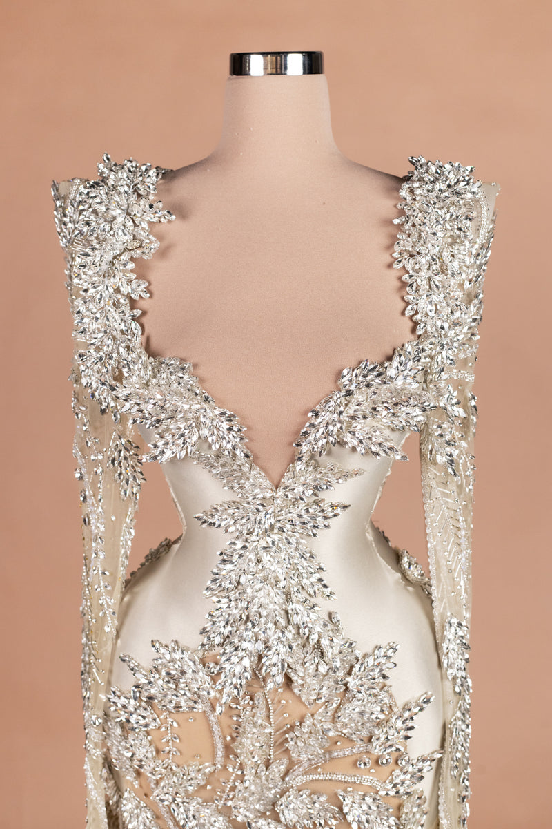 Sihëna Silver Wheat — champagne v-neck cape-sleeve mermaid evening dress
