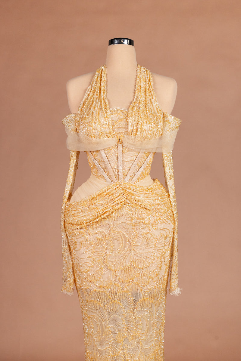 Sihëna Honeyed Lace — gold halter off-shoulder column evening dress