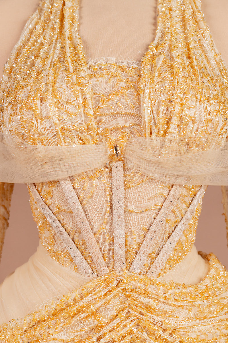 Sihëna Honeyed Lace — gold halter off-shoulder column evening dress