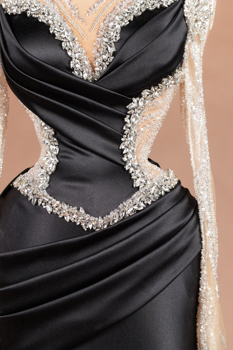 Sihëna Obsidian Throne — black high-neck long-sleeve mermaid evening dress