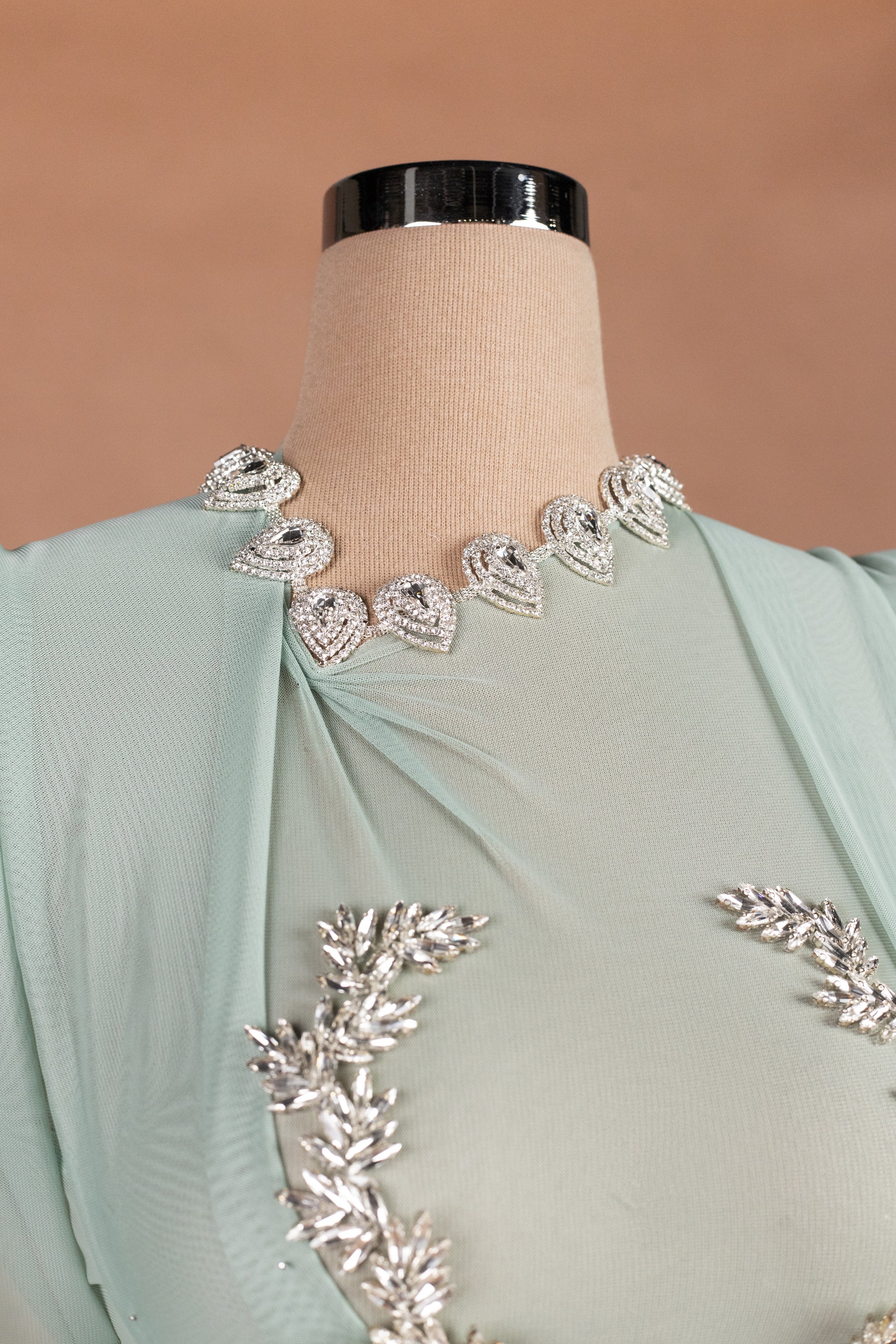 Sihëna Seafoam Mist — mint high-neck long-sleeve column evening dress