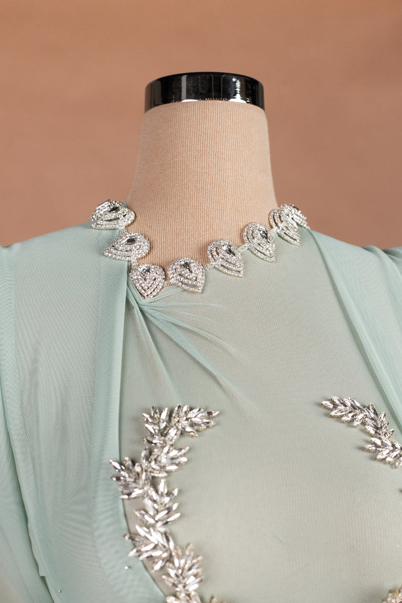 Sihëna Seafoam Mist — mint high-neck long-sleeve column evening dress