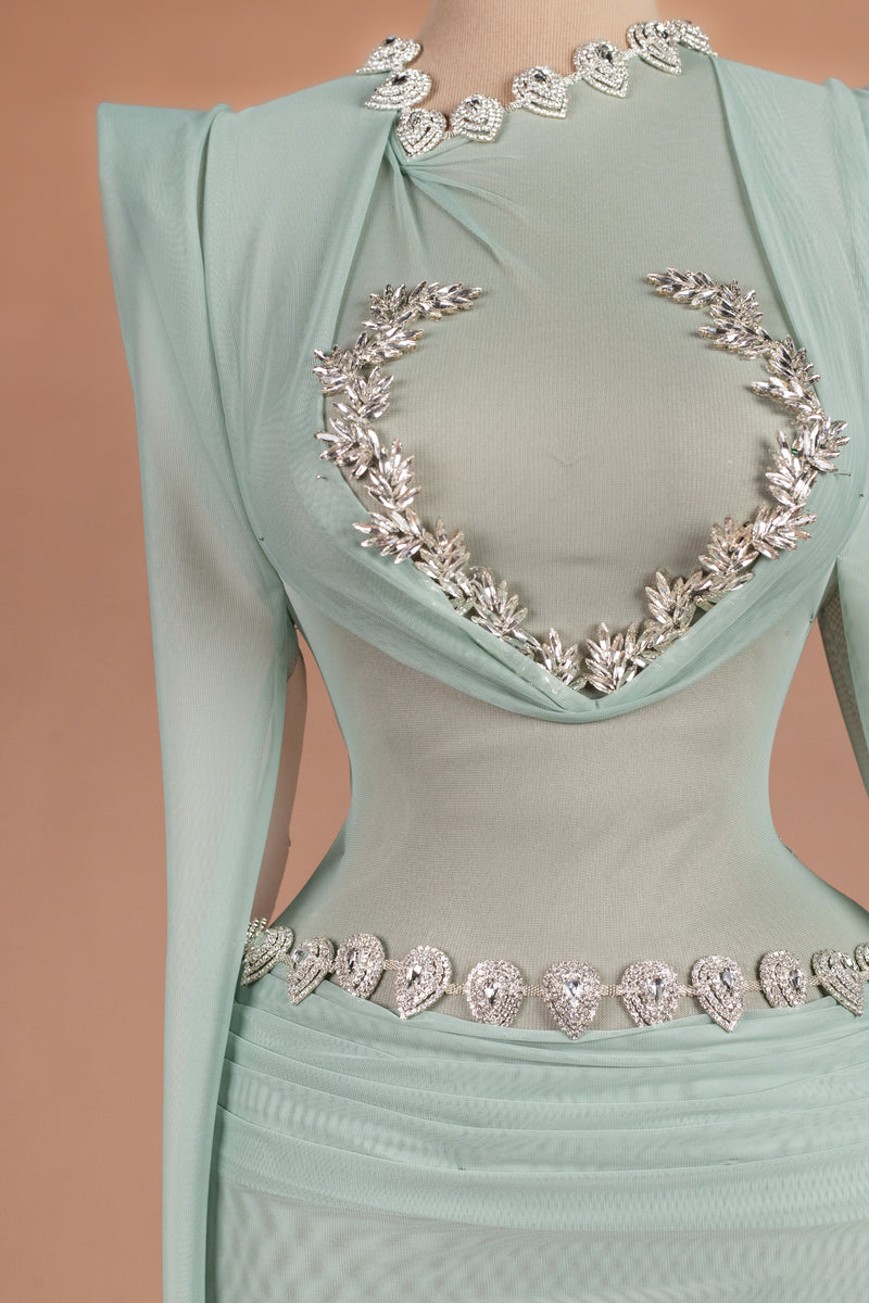 Sihëna Seafoam Mist — mint high-neck long-sleeve column evening dress