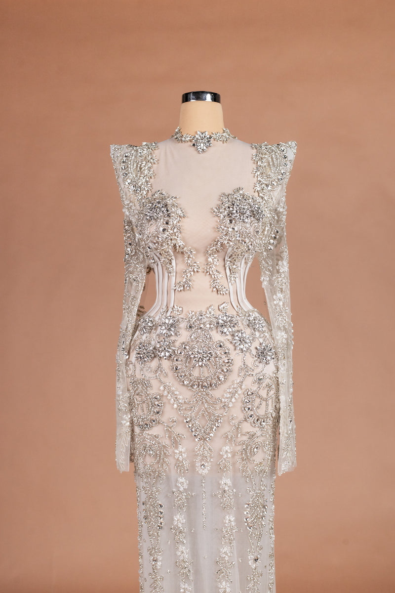 Sihëna Venetian Crystal — silver high-neck long-sleeve column evening dress