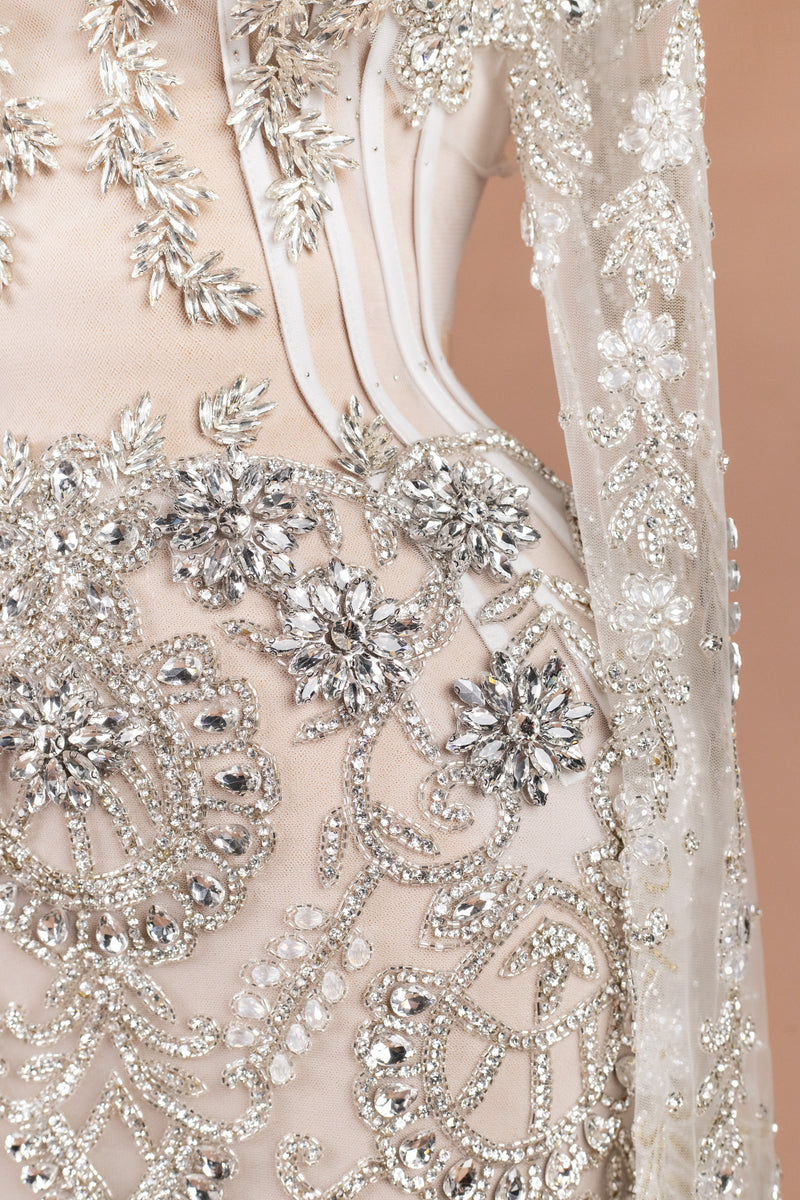 Sihëna Venetian Crystal — silver high-neck long-sleeve column evening dress