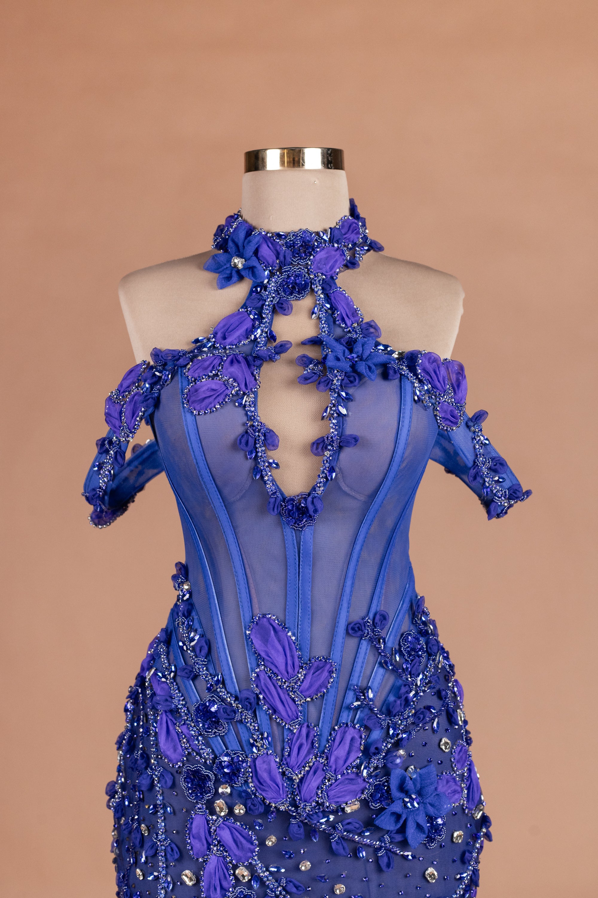 Sihëna Cobalt Petal Cascade — cobalt halter cape-sleeve mermaid evening dress