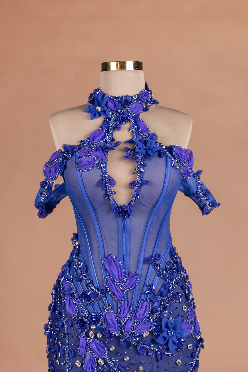 Sihëna Cobalt Petal Cascade — cobalt halter cape-sleeve mermaid evening dress