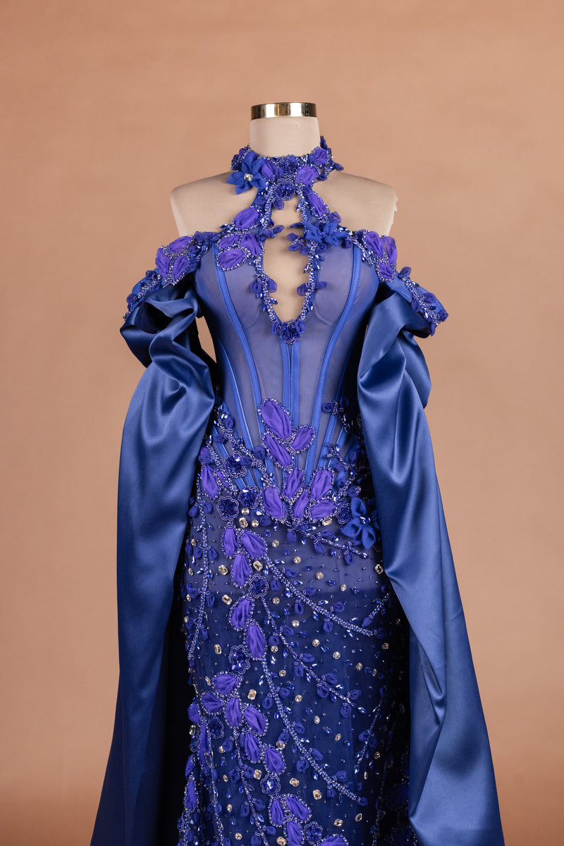 Sihëna Cobalt Petal Cascade — cobalt halter cape-sleeve mermaid evening dress