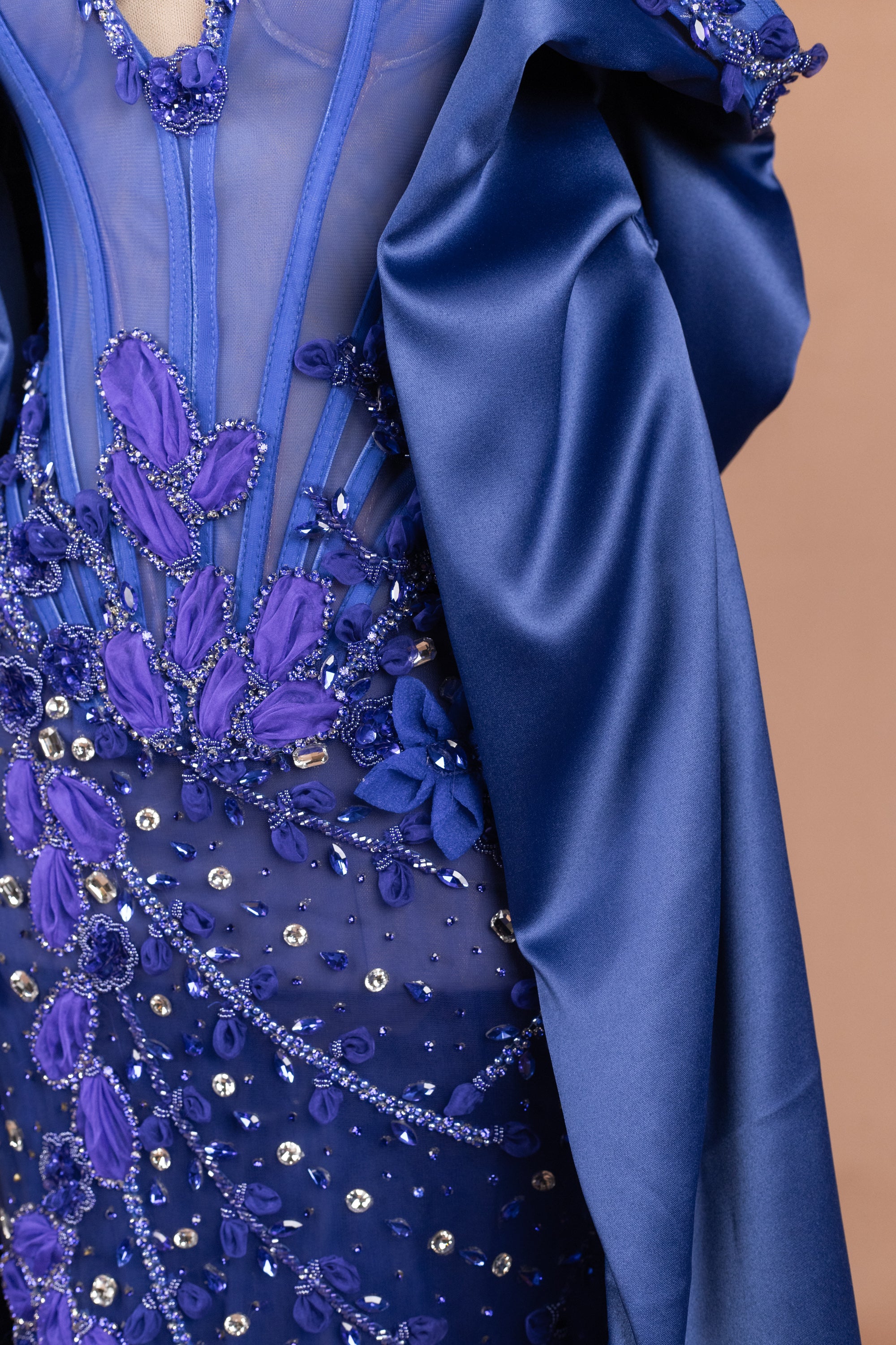 Sihëna Cobalt Petal Cascade — cobalt halter cape-sleeve mermaid evening dress