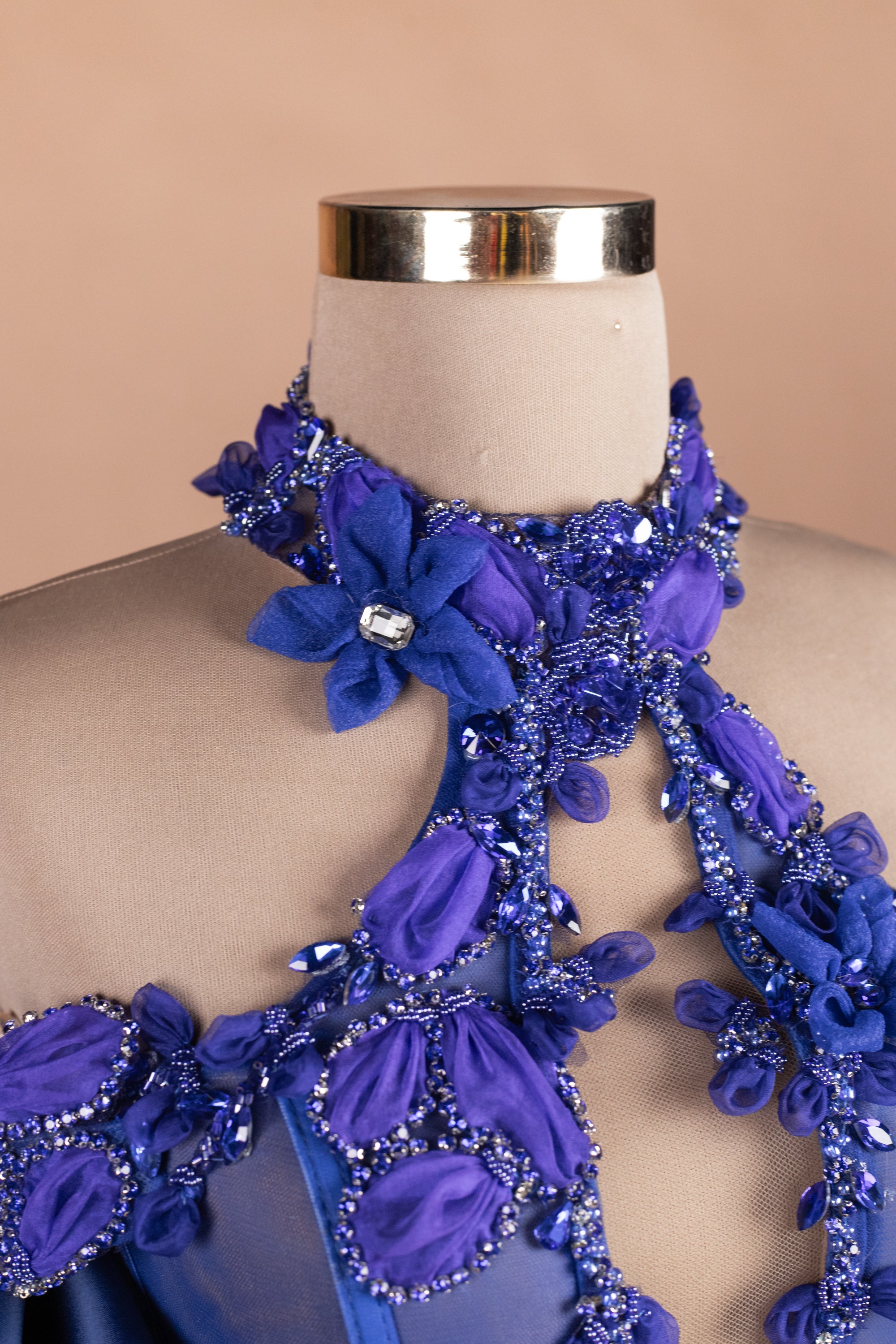 Sihëna Cobalt Petal Cascade — cobalt halter cape-sleeve mermaid evening dress