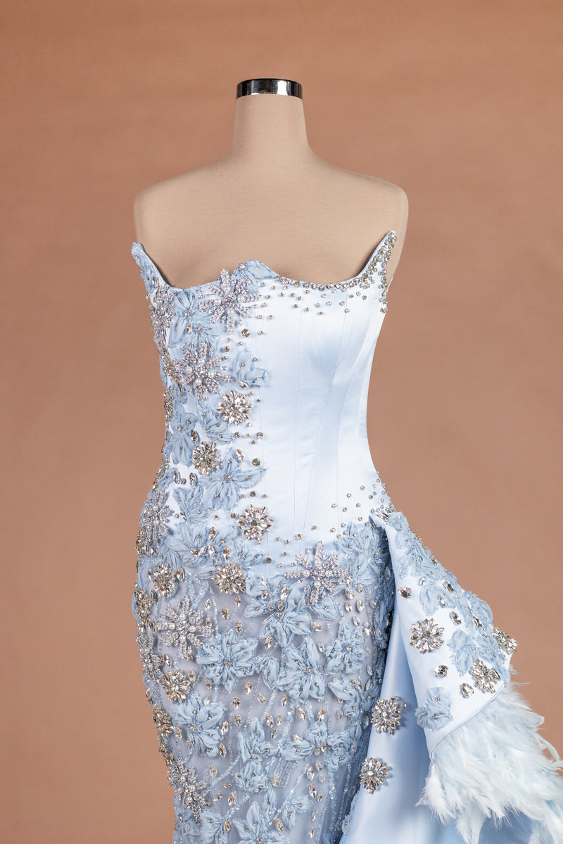 Sihëna Frostbloom Plume — powder-blue sweetheart sleeveless mermaid evening dress