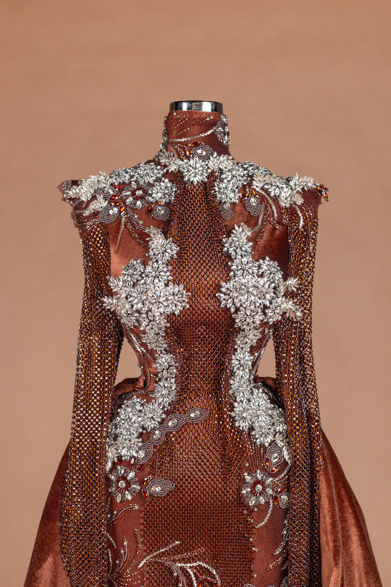 Sihëna Mahogany Majesty — chocolate high-neck long-sleeve mermaid evening dress