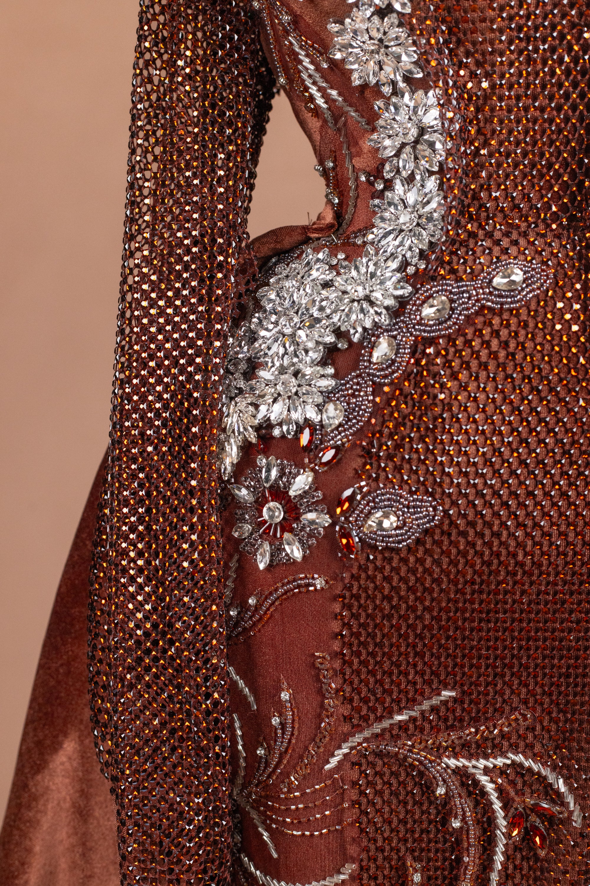 Sihëna Mahogany Majesty — chocolate high-neck long-sleeve mermaid evening dress