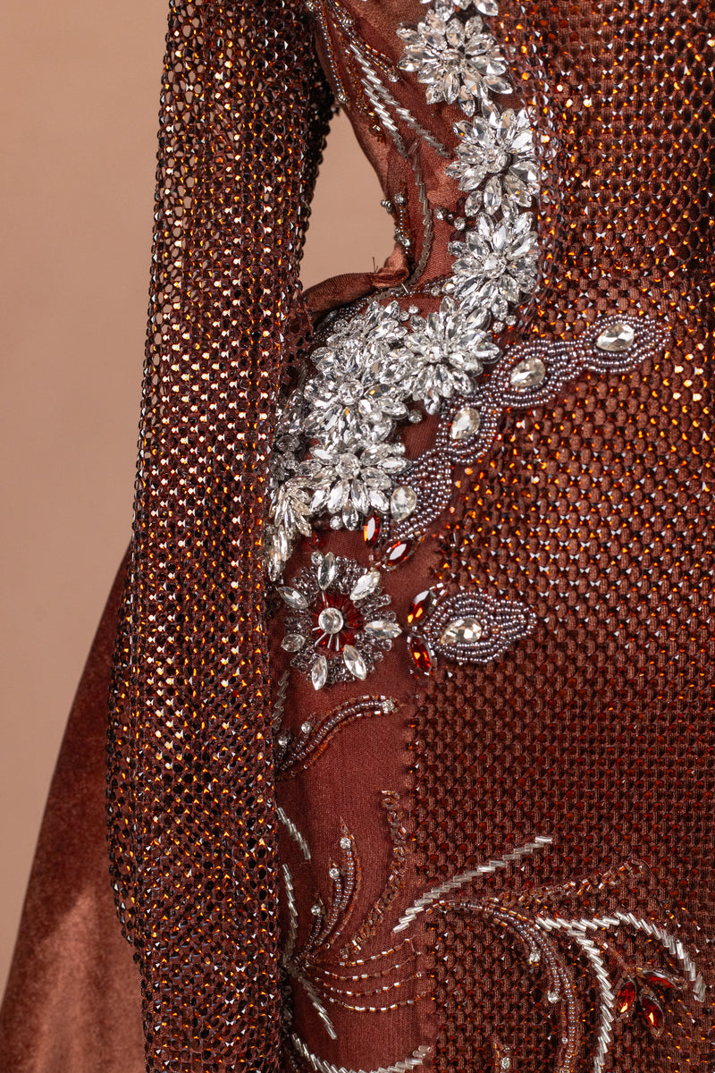Sihëna Mahogany Majesty — chocolate high-neck long-sleeve mermaid evening dress