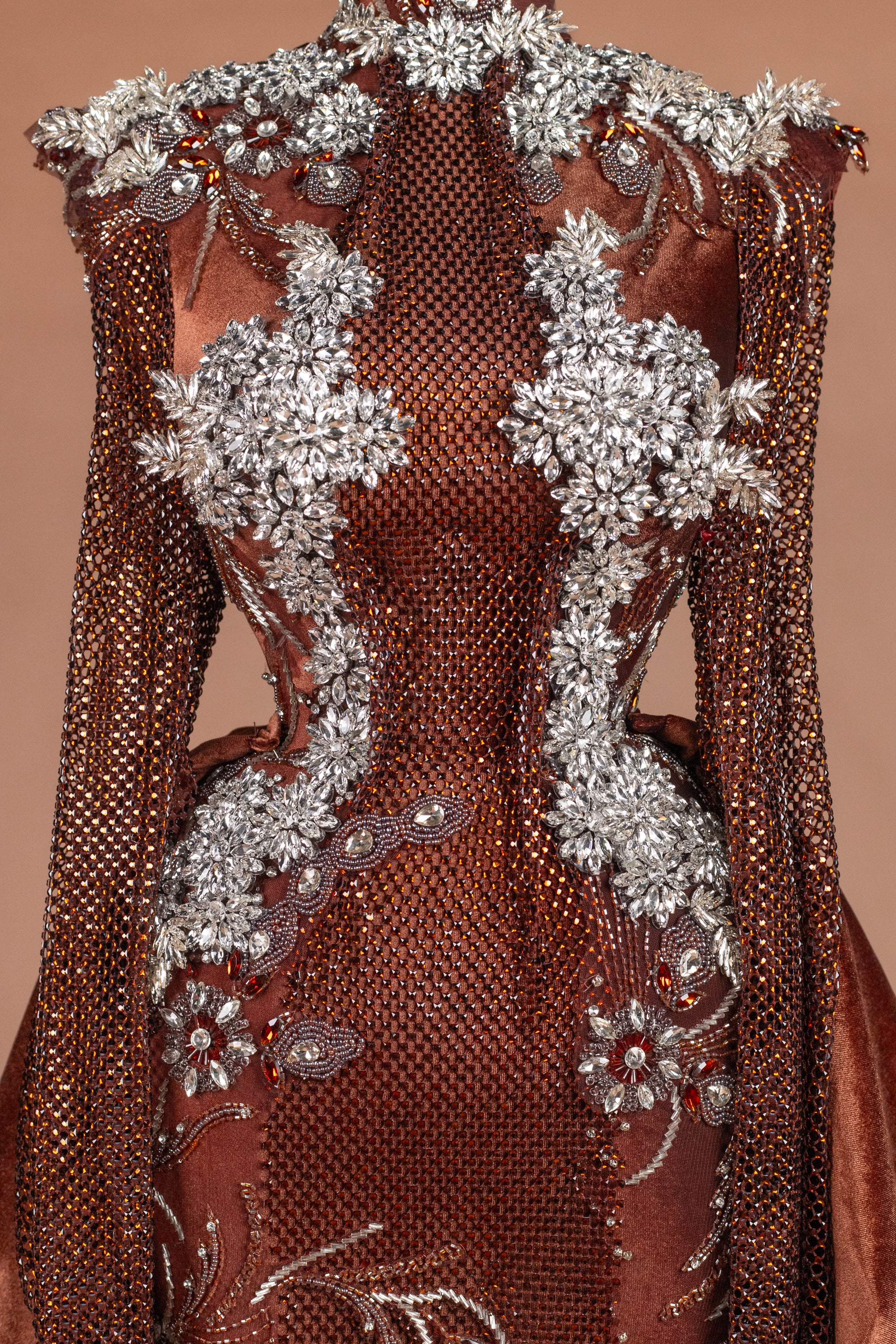 Sihëna Mahogany Majesty — chocolate high-neck long-sleeve mermaid evening dress