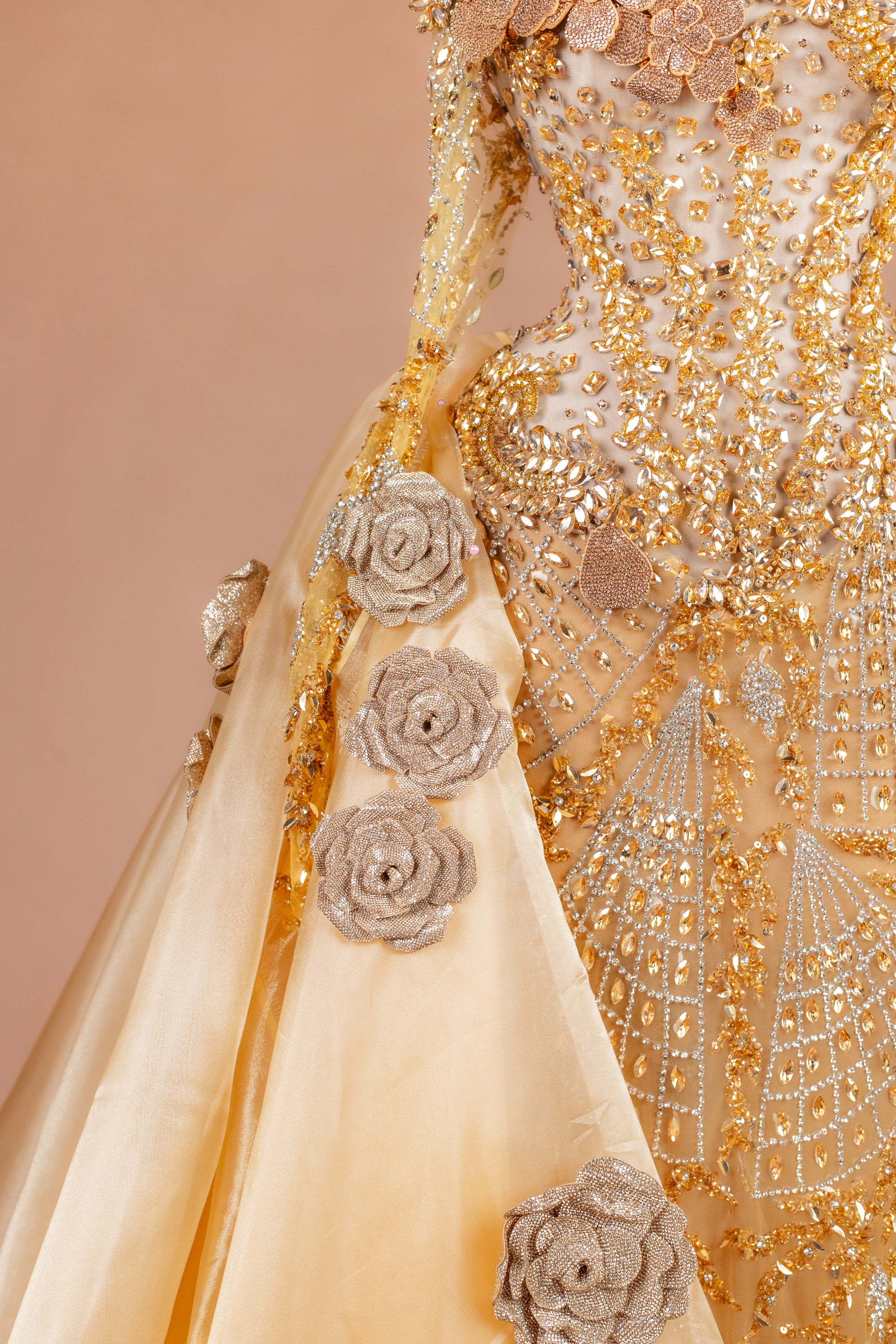 Sihëna Midas Rose Cascade — gold high-neck long-sleeve mermaid evening dress