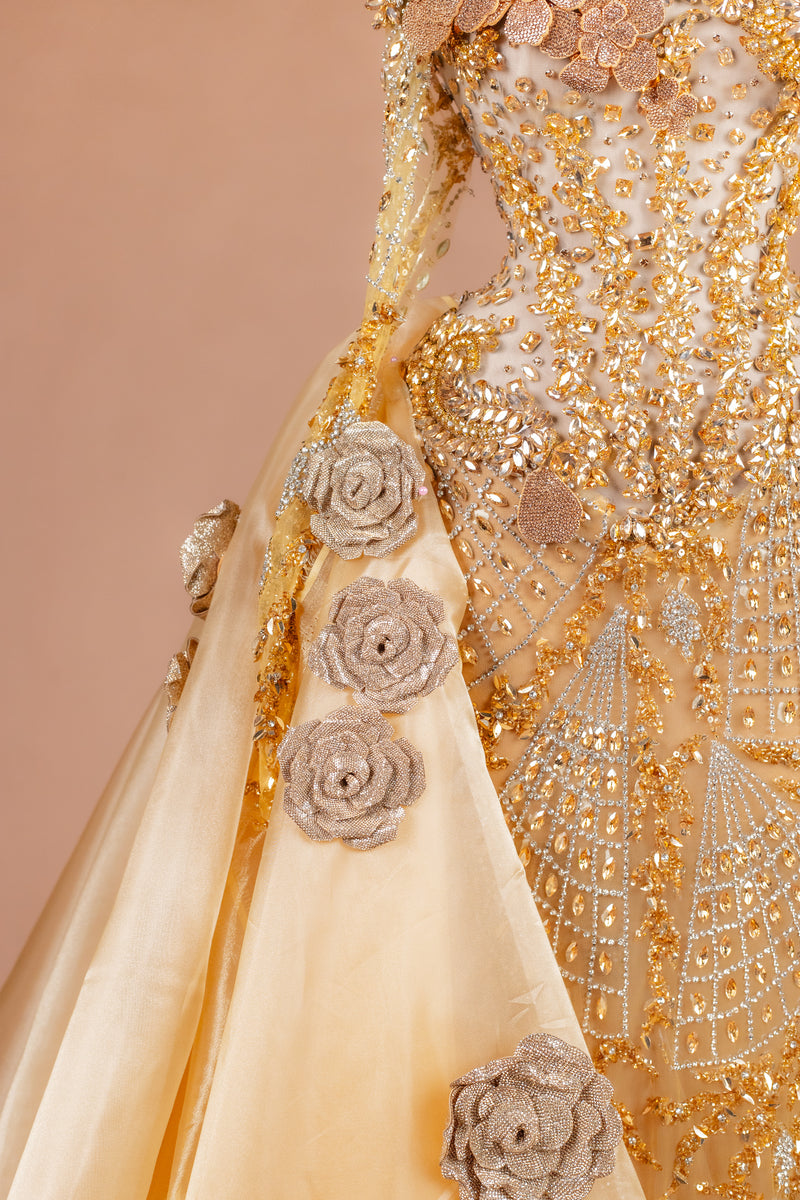 Sihëna Midas Rose Cascade — gold high-neck long-sleeve mermaid evening dress