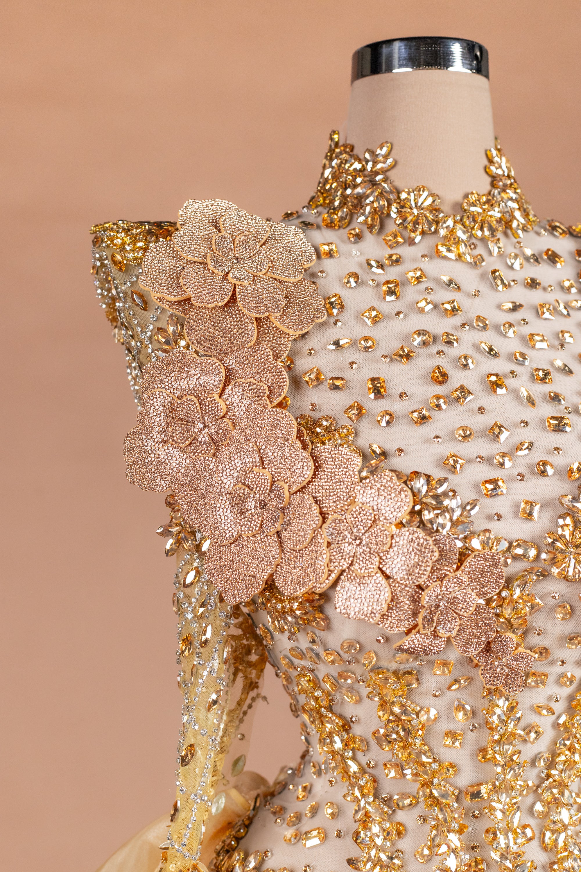 Sihëna Midas Rose Cascade — gold high-neck long-sleeve mermaid evening dress