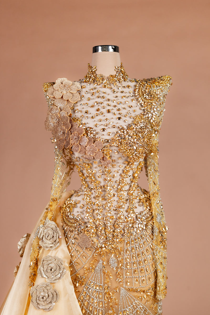 Sihëna Midas Rose Cascade — gold high-neck long-sleeve mermaid evening dress