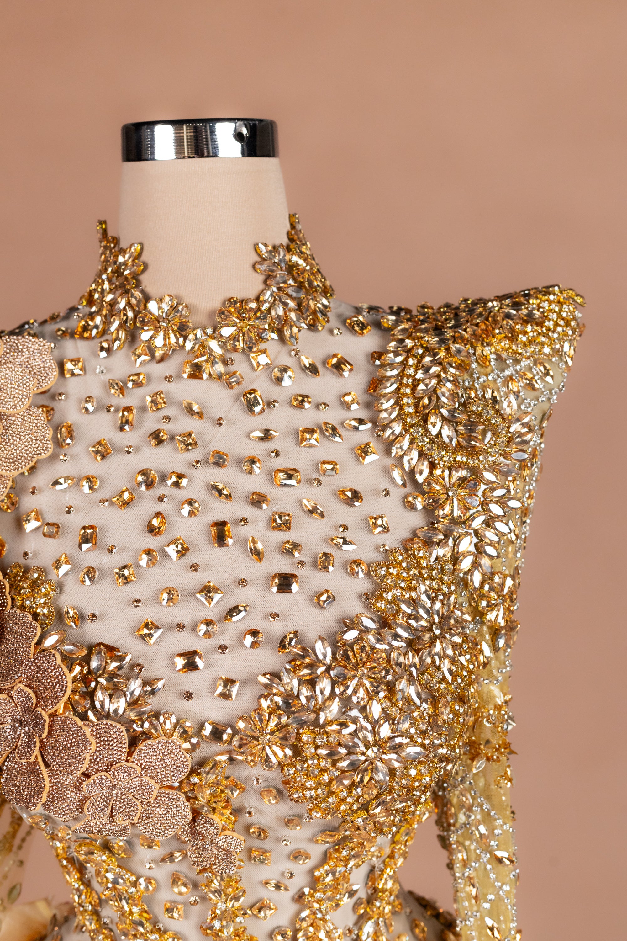 Sihëna Midas Rose Cascade — gold high-neck long-sleeve mermaid evening dress
