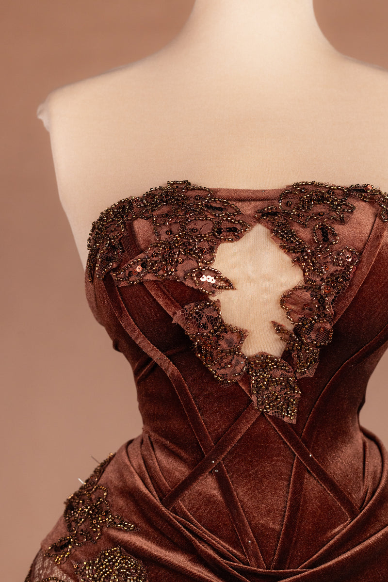 Sihëna Truffle Lace — chocolate sweetheart sleeveless mermaid evening dress