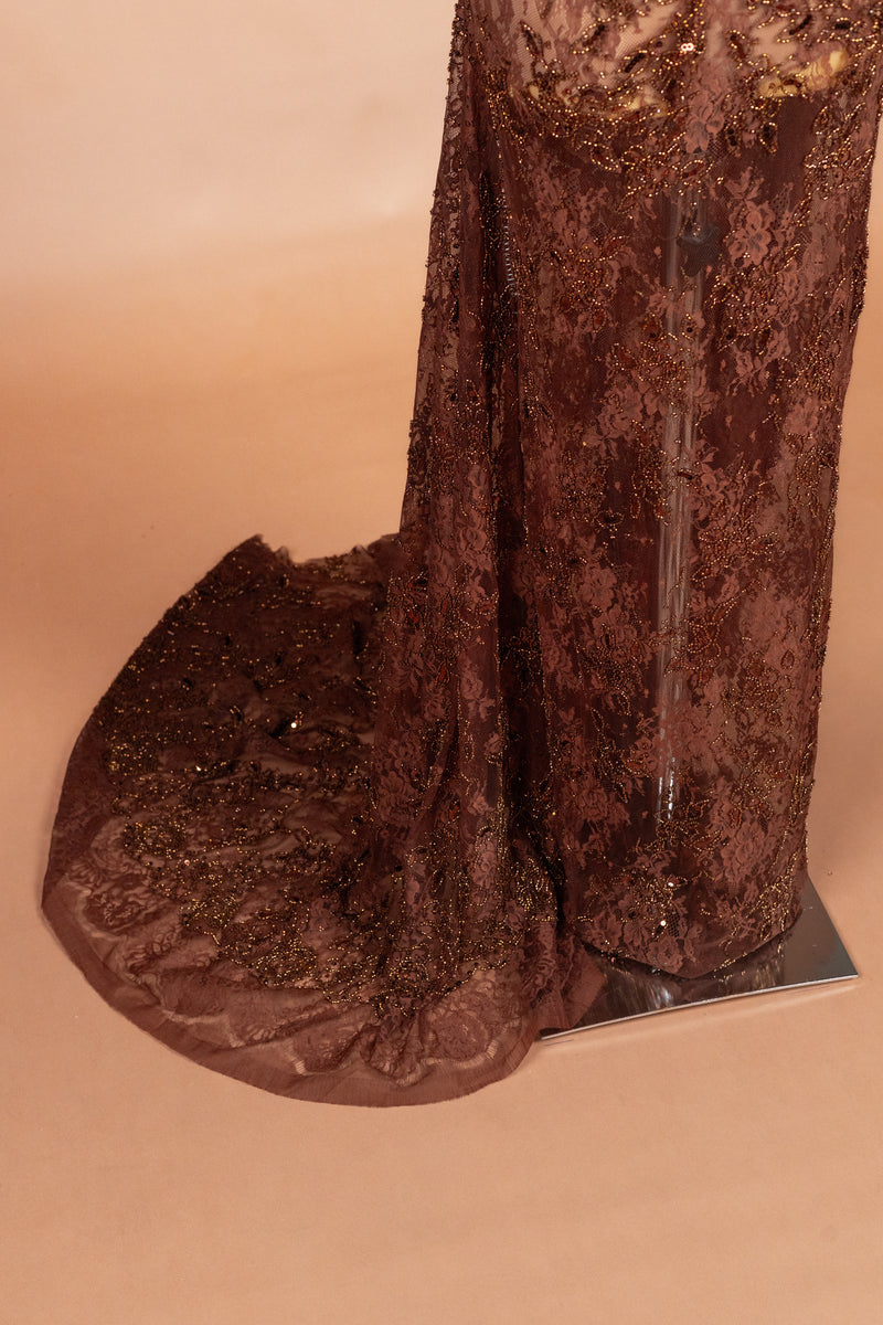 Sihëna Truffle Lace — chocolate sweetheart sleeveless mermaid evening dress
